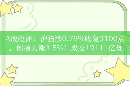 A股收评：沪指涨0.79%收复3100点，创指大涨3.5%！成交12111亿创年内次高，北上资金净买入108.92亿