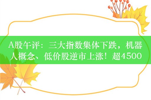 A股午评：三大指数集体下跌，机器人概念、低价股逆市上涨！超4500股下跌，成交3399亿，较上日缩量346亿