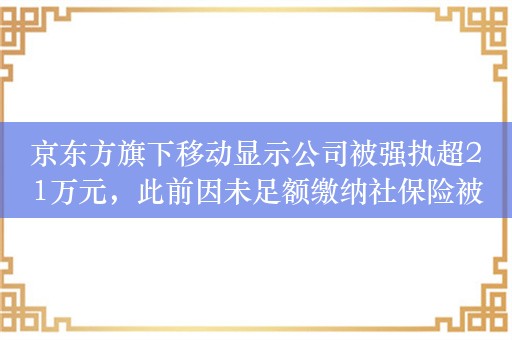 京东方旗下移动显示公司被强执超21万元，此前因未足额缴纳社保险被罚