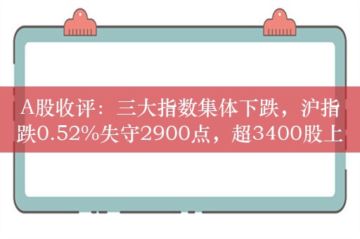 A股收评：三大指数集体下跌，沪指跌0.52%失守2900点，超3400股上涨，成交5886亿较昨日缩量386亿