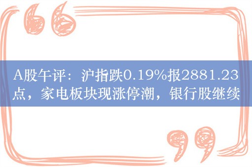 A股午评：沪指跌0.19%报2881.23点，家电板块现涨停潮，银行股继续调整！超4400股上涨，成交3944亿放量47亿