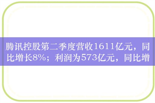 腾讯控股第二季度营收1611亿元，同比增长8%；利润为573亿元，同比增长53%