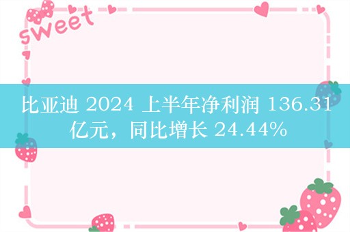 比亚迪 2024 上半年净利润 136.31 亿元，同比增长 24.44%