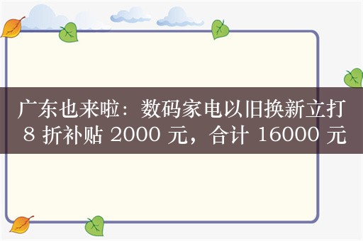 广东也来啦：数码家电以旧换新立打 8 折补贴 2000 元，合计 16000 元