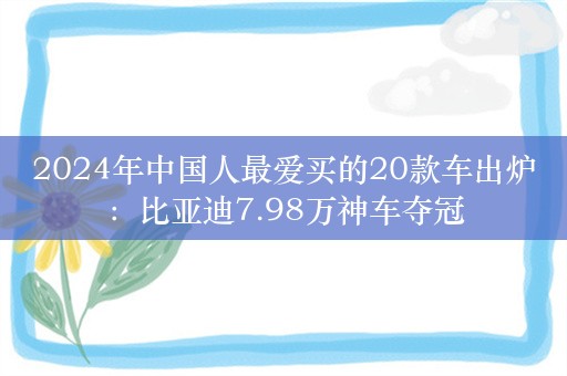 2024年中国人最爱买的20款车出炉：比亚迪7.98万神车夺冠