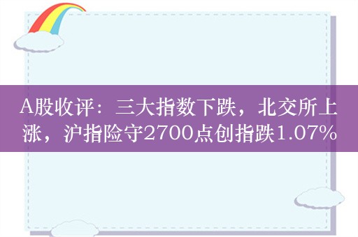 A股收评：三大指数下跌，北交所上涨，沪指险守2700点创指跌1.07%！房地产、贵金属板块逆市活跃！超4000股下跌，成交5248亿放量92亿