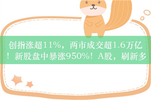 创指涨超11%，两市成交超1.6万亿！新股盘中暴涨950%！A股，刷新多项纪录！北证50指数暴涨超15%